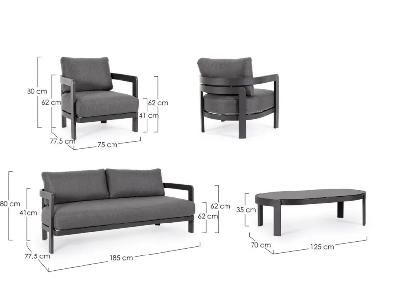 Best Bizzotto SET4 SALOTTO IN CORDA PER ESTERNO ANTRACITE WG21 - PRESLEY